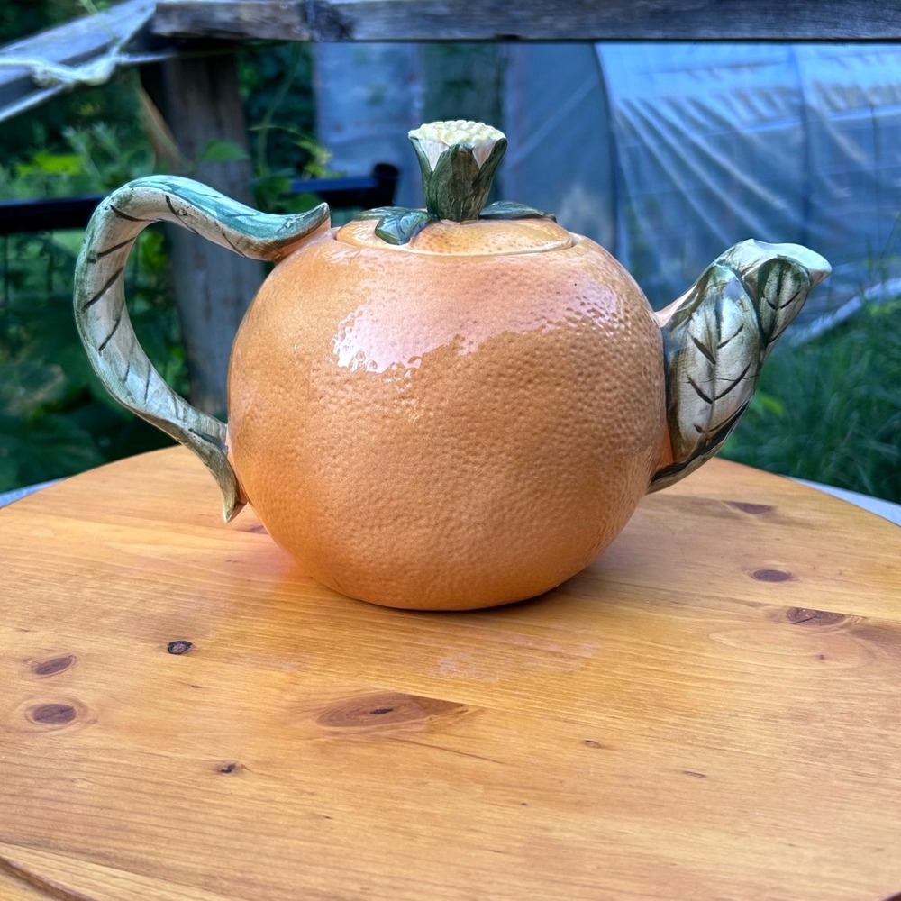 Vintage Orange Teapot Majolica Fruit Ceramic Leaf Handle Bordallo Pinheiro
